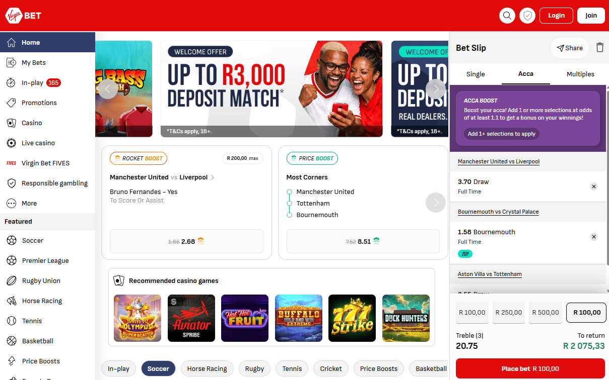Virgin Bet South Africa homepage and sportsbook interface