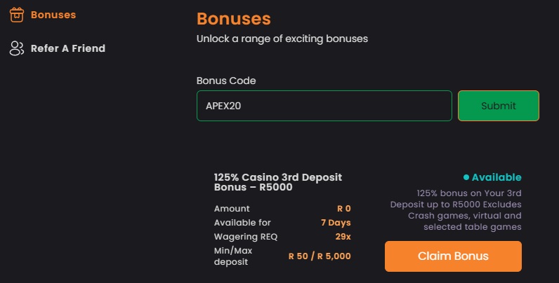 Apexbets free spins promo code