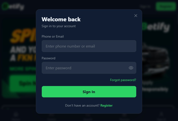 Schermata della pagina di login di Betify