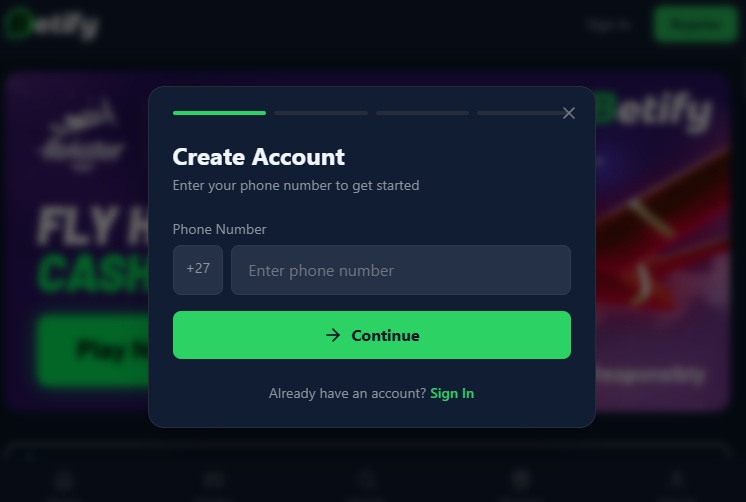Schermata del modulo di registrazione di Betify Casino con campi da compilare evidenziati